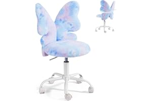 HOMREST Kids Desk Chair with Wheels,Cute Fluffy Desk Chair for Girls with Butterfly Back,Adjustable Seat Height, Faux Fur Swivel Vanity Chairs for Children Bedroom & Reading Room, Study/Vanity,Colorful Blue