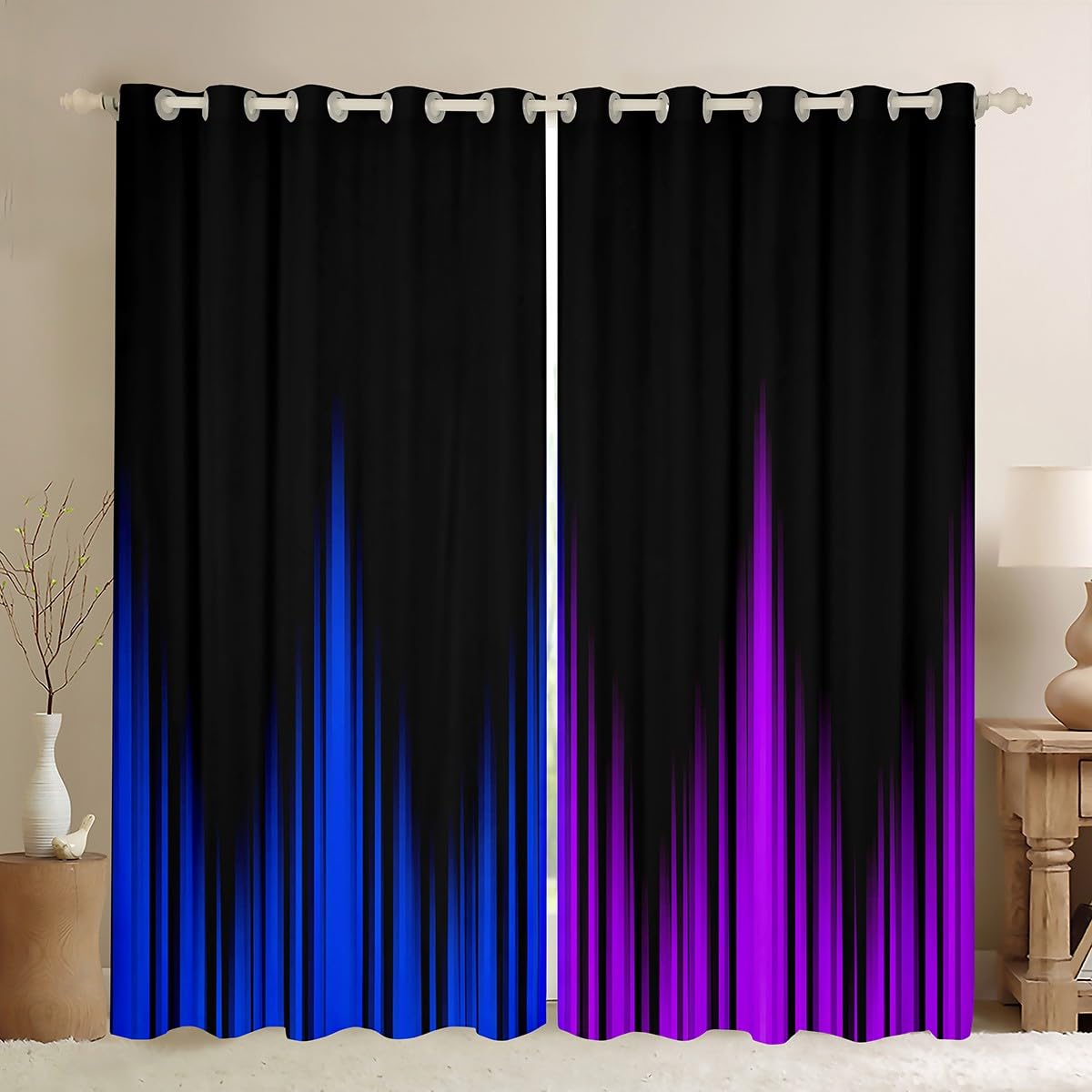 Homemissing Ombre Window Curtains Ombre Striped Darkening Dreapes Blue Purple and Black Darkening Dreapes for Kids Boys Girls Lines Window Treatments W66*L90