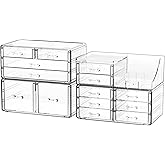 Cq acrylic Make Up Organizers for Vanity With 14 Drawers, 4 Pack Clear Drawer Organizers,Plastic Cute Desk Accessories Organization and Bathroom Organizers Storage Case Box Cube for Beauty,Skin Care