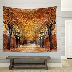 A Quiet Path with Goden Trees and Fallen Leaves - Fabric Tapestry, Home Decor - 51x60 inches