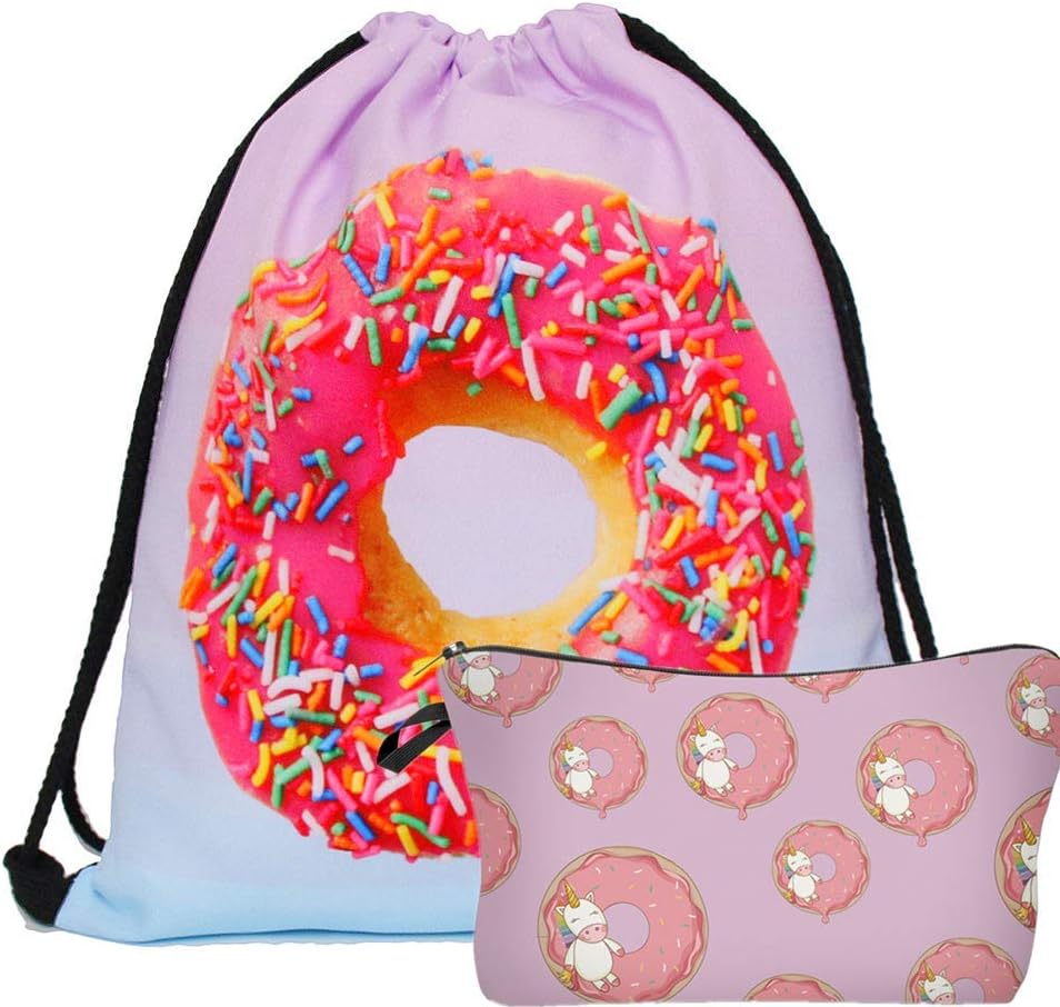 RUISIKIOU Drawstring Backpack Waterproof, 2 Piece Set Printed Durable Rucksack Gym Bag and Multifunctional Cosmetic Organizer (Donut)