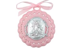 WJH Moulded Acrylic Pink Crib Medal with Guardian Angel for Baby Girl Nursery Decor, 3 1/2 Inch