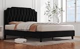 Yaheetech 5ft King Bed Frame Upholstered Platform Velvet Headboard Black view 3