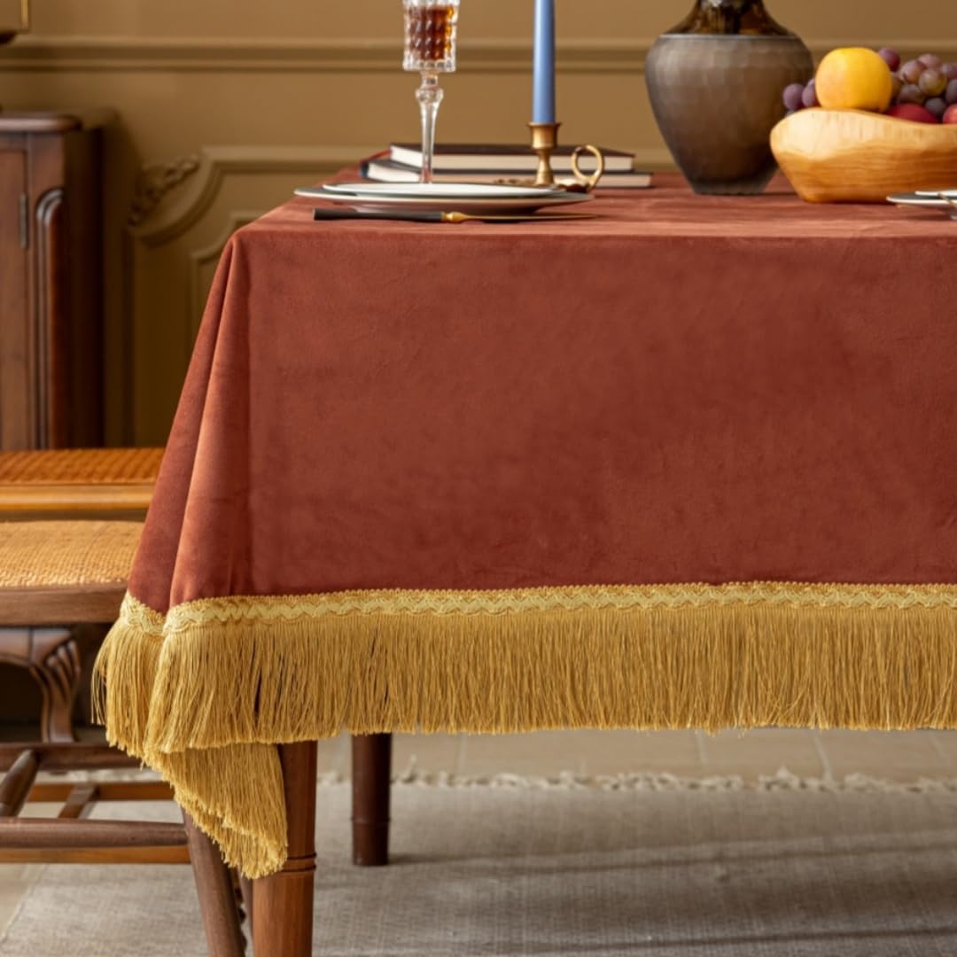 Photo 1 of F-CHU Luxury Burnt Orange Tablecloth Thickset Velvet Tablecloth with Beautiful Gold Tassels Vintage Table Cloth for Home Decor Wedding, Party, Banquet and Events 67x120-Inch