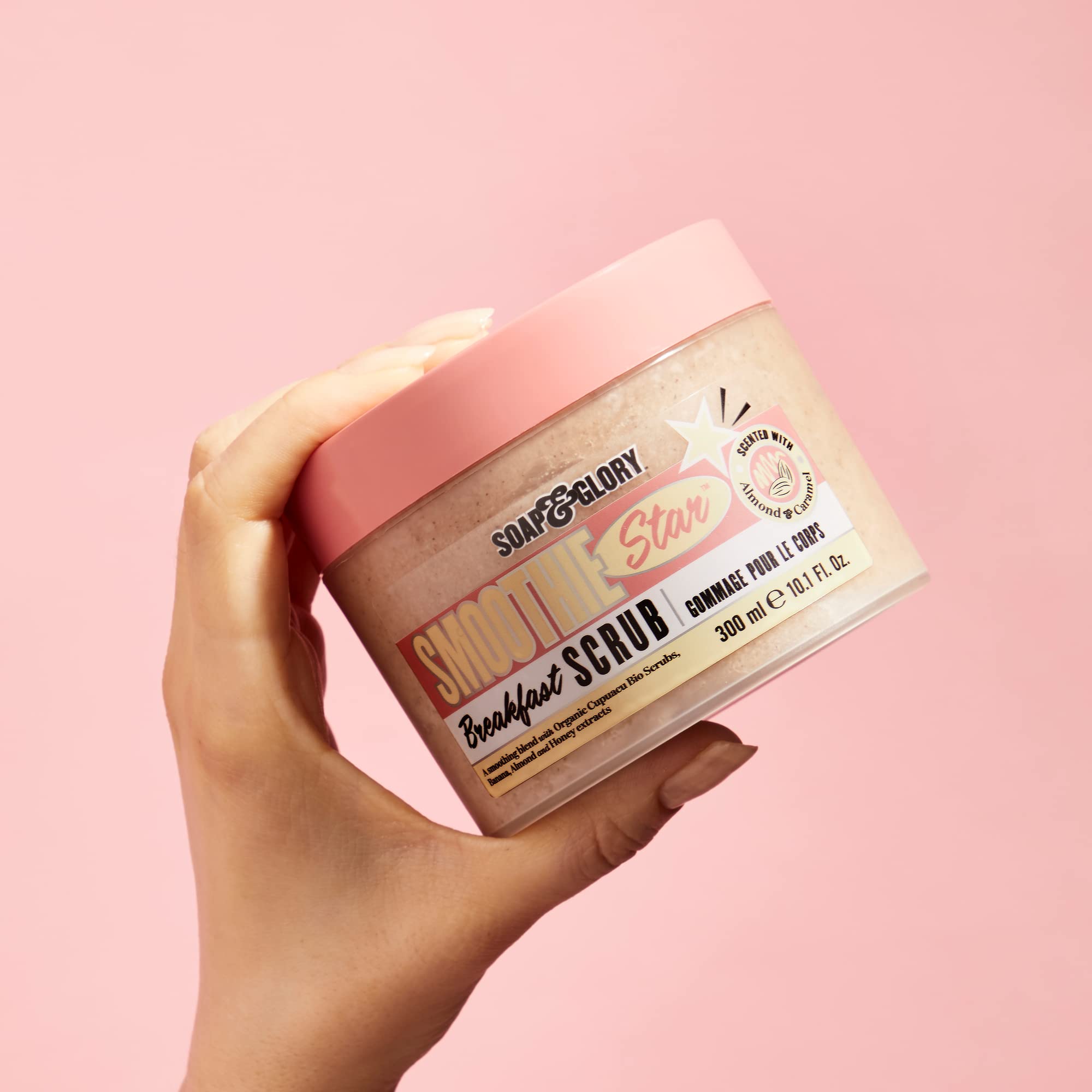 Soap & Glory Smoothie Star Exfoliating Body Scrub - Buff & Smooth Skin - Almond & Caramel Scented Vegan Body Polish - Brightening Scrub with Honey Extract + Sweet Almond Oil (300ml)