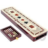 House of Cribbage - 3 Track Continuous Cribbage Board Inlaid in Maple Wood/Bloodwood - Size: 12.5 Inch - Wood Inlaid Card Symbols (Suits) + Storage Drawer for Cribbage Pegs