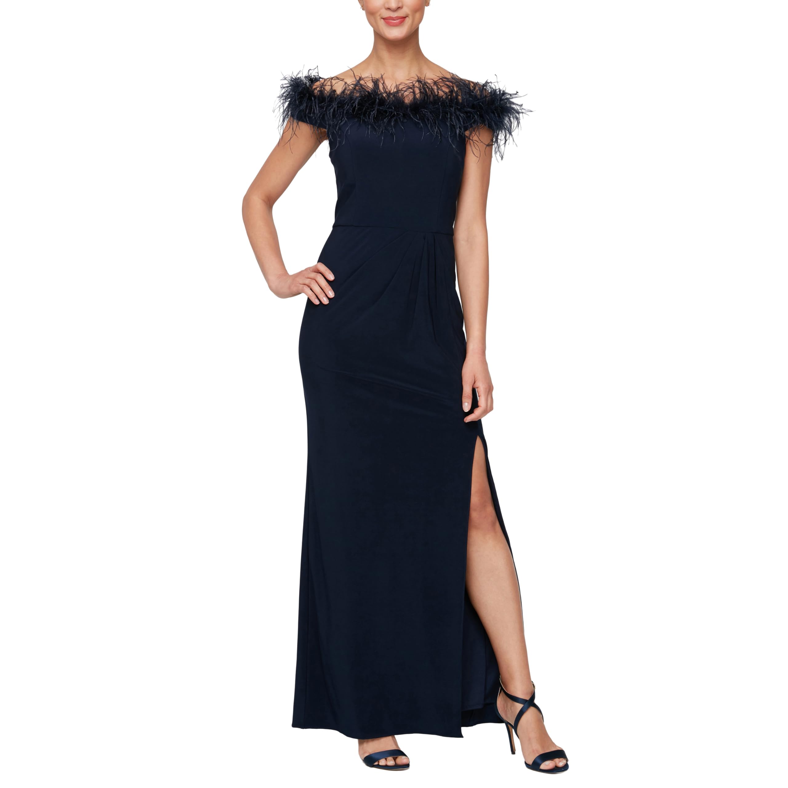 Alex Evenings Women’s Long Length Off The Shoulder Gown with Front Slit Detail Neckline, Formal Party Dress, Navy Maribou