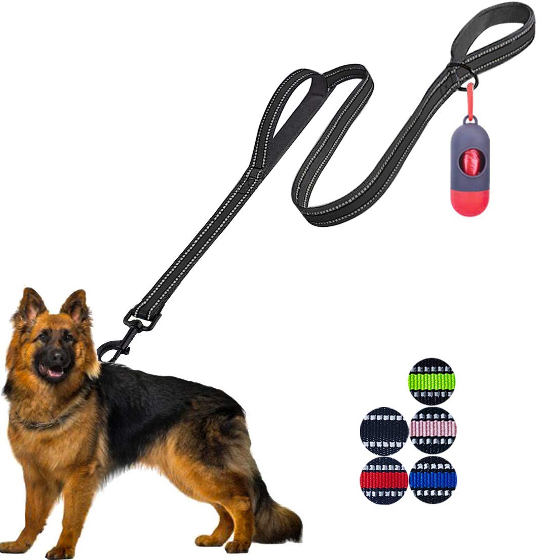 JSXD Heavy Duty Double Handle Dog Leash - 5 FT with Comfortable Padded and Reflective Rope, Suitable for Small to Large Dogs (Wide-Black)