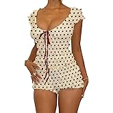 ROAONOCOMO Women Y2K Ruffle Pajama Set Gingham Ruched Tank Top Tiered Mini Boxer Shorts Set Bow Two Piece Lounge Set