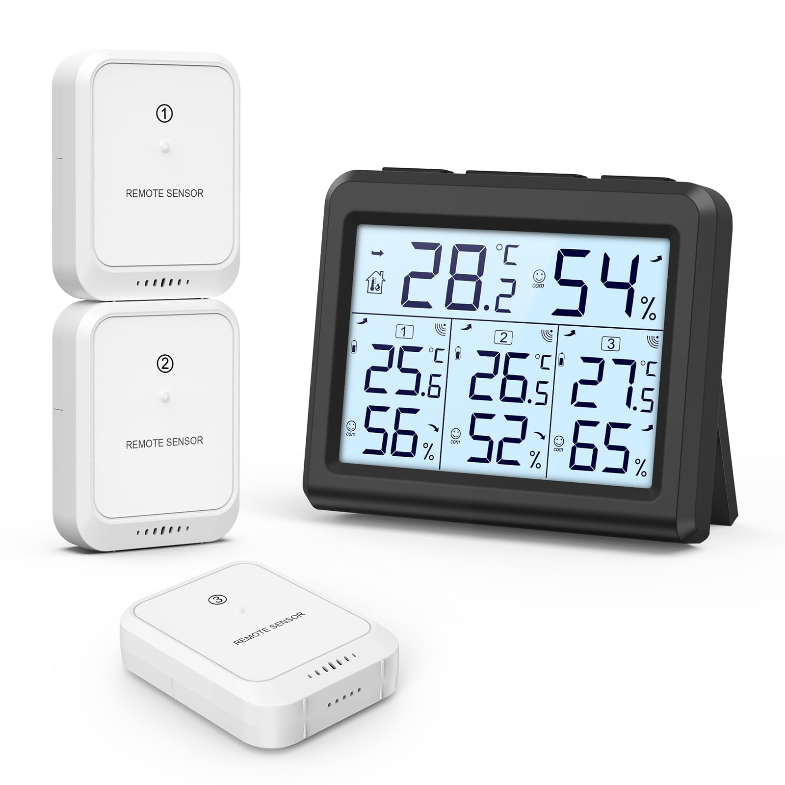 ORIA Digital Thermometer Hygrometer with 3 Sensors, Indoor/Outdoor Humidity Meter Temperature Monitor, Wireless Weather Station with Backlight, Comfort Icon, Arrow Trends for Temp and Humidity -Black