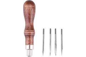 Fdit 4 in 1 Wooden Handle Leather Craft Sewing Kit Awl DIY Hole Punch Tool for Leather Sewing Hand Stitching