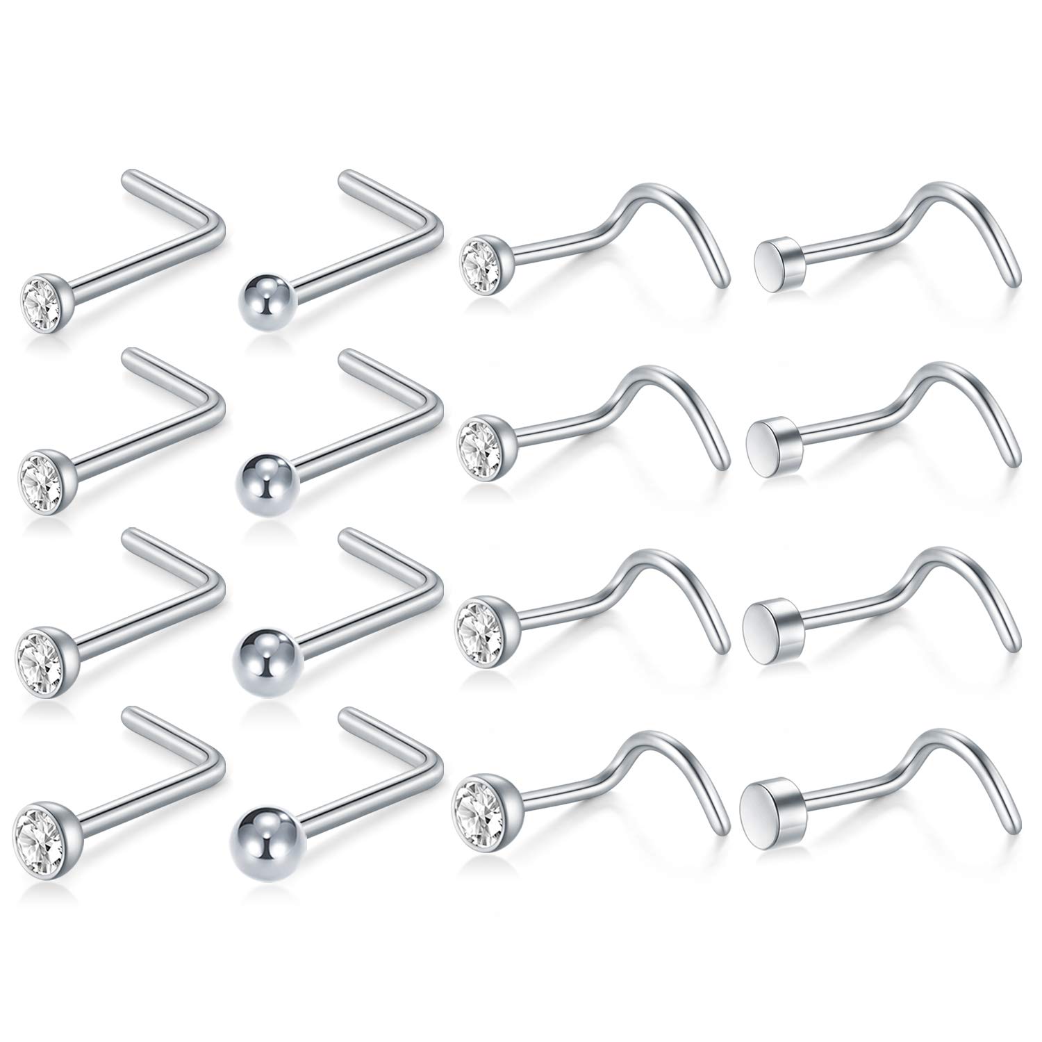 Funseedrr Stainless Steel 18Gauge Nose Ring Set Screw Stud L Shape Piercing Jewellery 1.5/2/2.5/3mm CZ