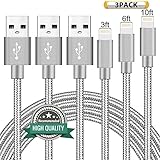 Youer Lightning Cable 3Pack 3FT 6FT 10FT Nylon Braided Certified iPhone Cable USB Cord Charging Charger for Apple iPhone X, 8, 7, 7 Plus, 6, 6s, 6+, 5, 5c, 5s, SE, iPad, iPod Nano, iPod Touch (Gray)