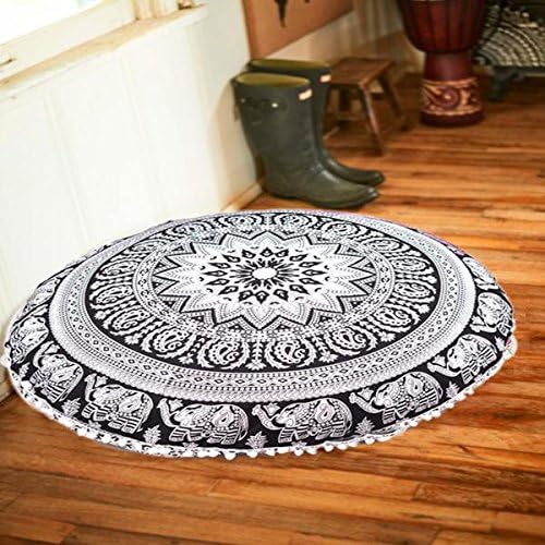 RAGHAV CRAFTS Indian Mandala Black and White Floor Cushion Handmade Pom-Pom White Cotton Pouf