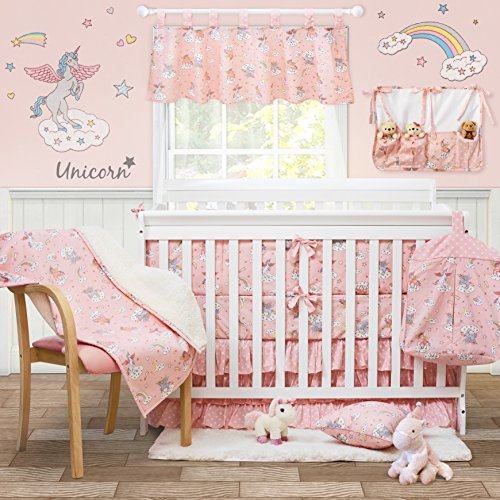 Brandream Unicorn Crib Bedding with Bumpers Blush Pink Baby Bedding Girls Nursery, 100% Soft Cotton, 11 pieces