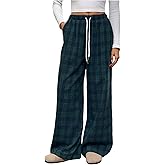 RoseSeek Women's Plaid Wide Leg Pants Elastic Drawstring Waisted Casual Pants Home Wear Trousers