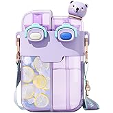 Cute Water Bottle for Kids: 26oz Kawaii Water Bottle for Girls, Funny Bear Water Bottles with Straw and Strap, Dual Compartments Leak-Proof Plastic Drinking Cup for School Sport Travel (Purple)