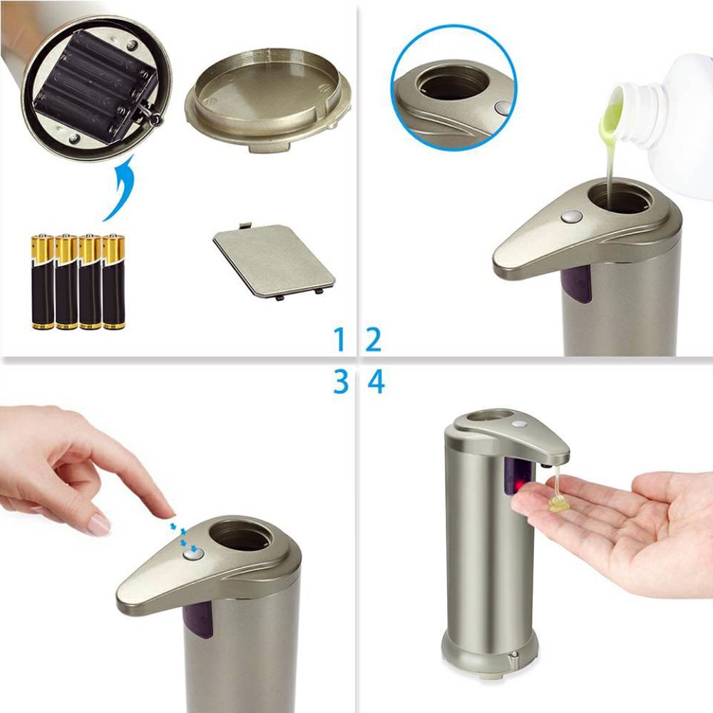 Fun Sponsor Automatic Soap Dispenser, 250ML Stainless Steel Touchless Liquid Sensor Soap Dispenser Soap Holder Hand Free with Waterproof Base for Kitchen Bathroom Champagne