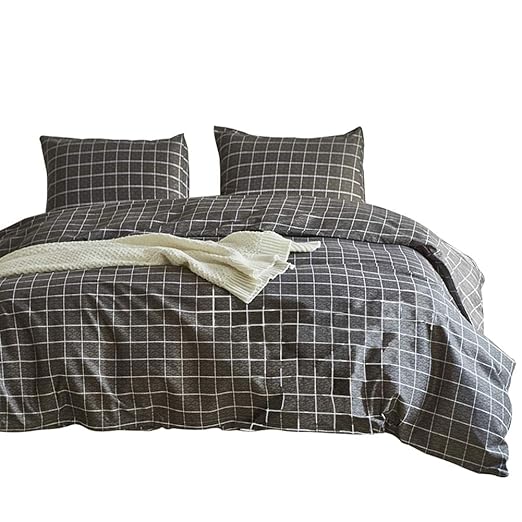 Grey Check Double Duvet Covers Set Grid Plaid Checked Checkered Quilt