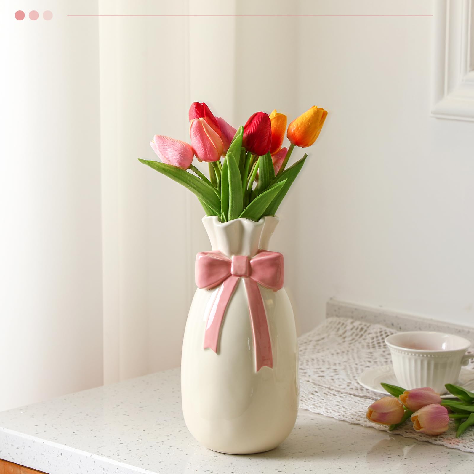 Photo 1 of Jingmore Pink Ceramic Bow Vase for Flowers, 9. 3 Inch Cute Flower Vase with Bow Pink Room Decor Home Decor for Shelf Table Living Room