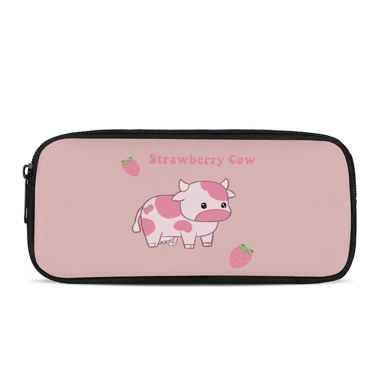 HELLHERO Kawaii Strawberry Cow Pencil Case for Girls Women Pen Bag Holder Zipper Pouch Stationery Organzier Multifunctional Pencilcase Clutch Makeup Coin Purse
