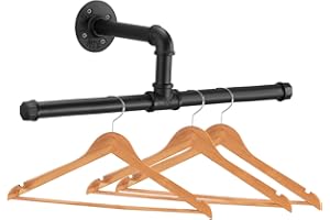 Elibbren Industrial Pipe Floating Clothing Rack Wall Mounted, Commercial or Residential Wardrobe Clothes Display, Heavy Duty Rustic Vintage Steel Black Metal Garment Bracket Frame, 1 Pack