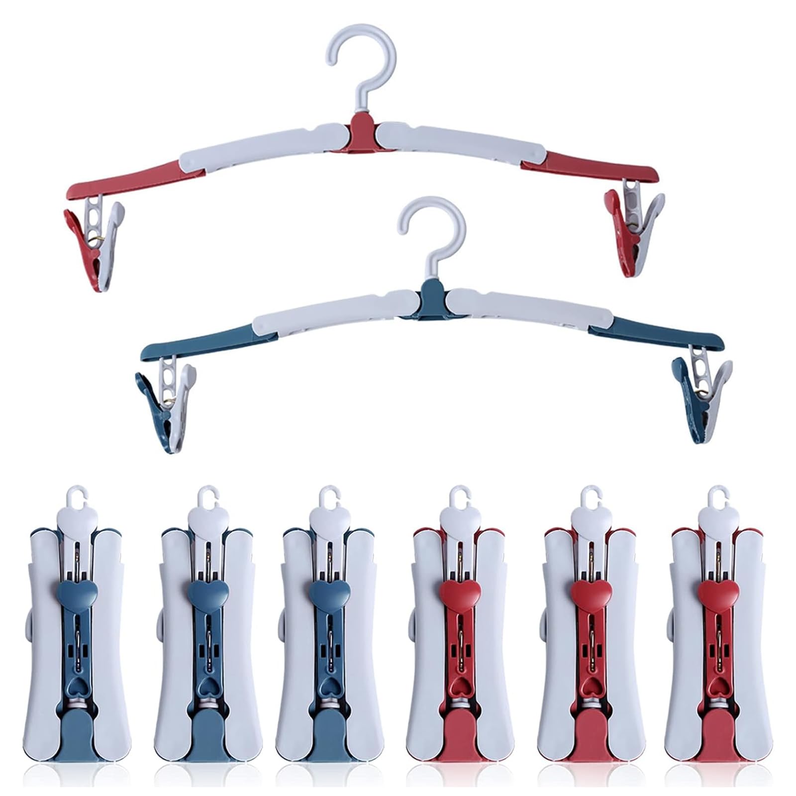 Folding Clothes Hangers With Clips - 6PCS Portable Travel Hangers, 360 Degree Rotating Hook, Plastic Foldable for Outdoor Camping (Blue, Red)