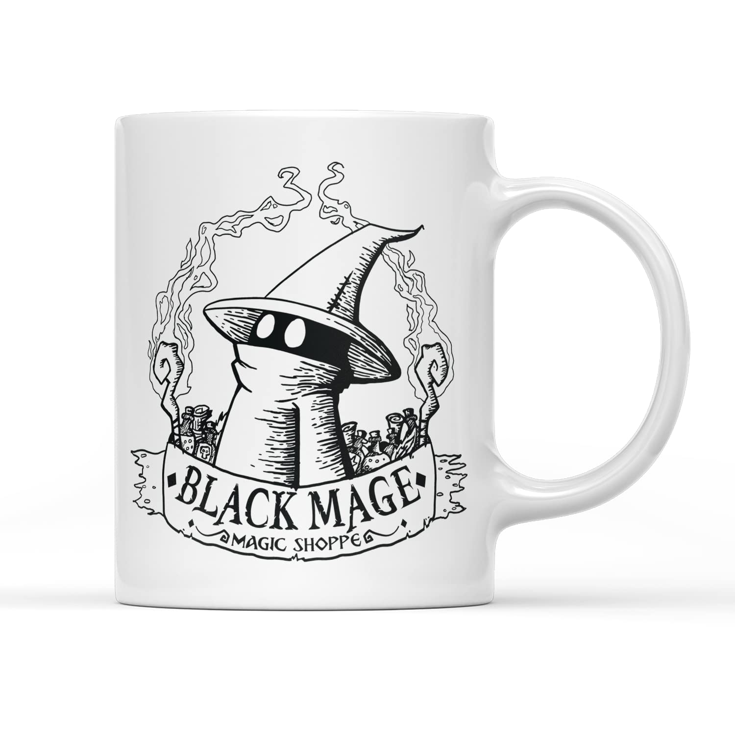 SMARTYPANTS Black Mage Magic Shoppe Mug - Computer Video Game Inspired Character Illustration Spellcaster Fantasy Science Gamer Geek Nerd Merch Tea Coffee Cup Gift Present (White Handle)