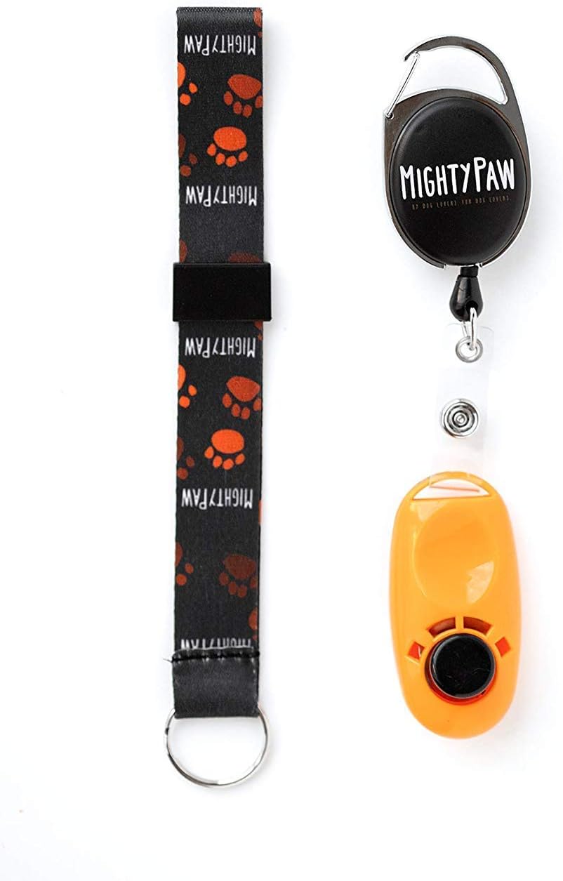 Mighty Paw Dog Training Clicker, 2 Attachment Options, Retractable Belt Clip + Wrist Lanyard (Orange)