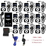 EXMAX ATG-100T 72-76MHz Wireless Tour Guide Monitoring System Microphone Earphone Headset for Church Simultaneous Interpreting Teaching Conference Travel Interpretation(1 Transmitter 10 Receivers)