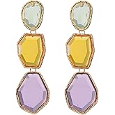 XYAYOU Vintage Colorful Transparent Geometric Resin Crystal Gemstone Statement Large Earrings for Women Jewelry