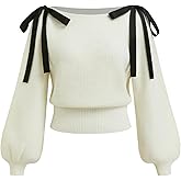 CIDER Women's Knit Ruched Sweater Bowknot Ribbon Shoulder Tie Long Sleeve Top