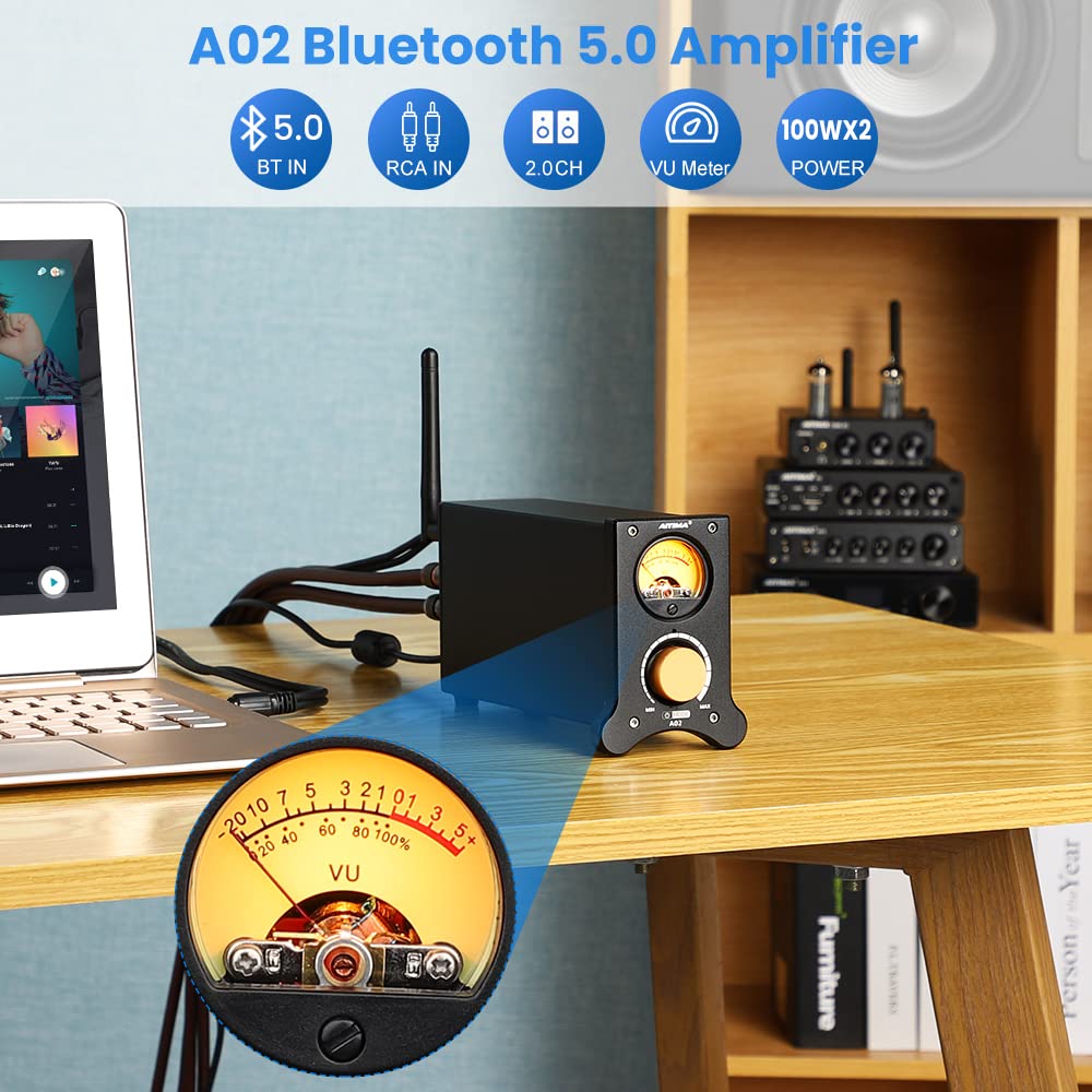 AIYIMA A02 Bluetooth 5.0 100W * 2 Power Amplifier 2.0 Channel Stereo HiFi Home Audio Digital Amp with VU Meter