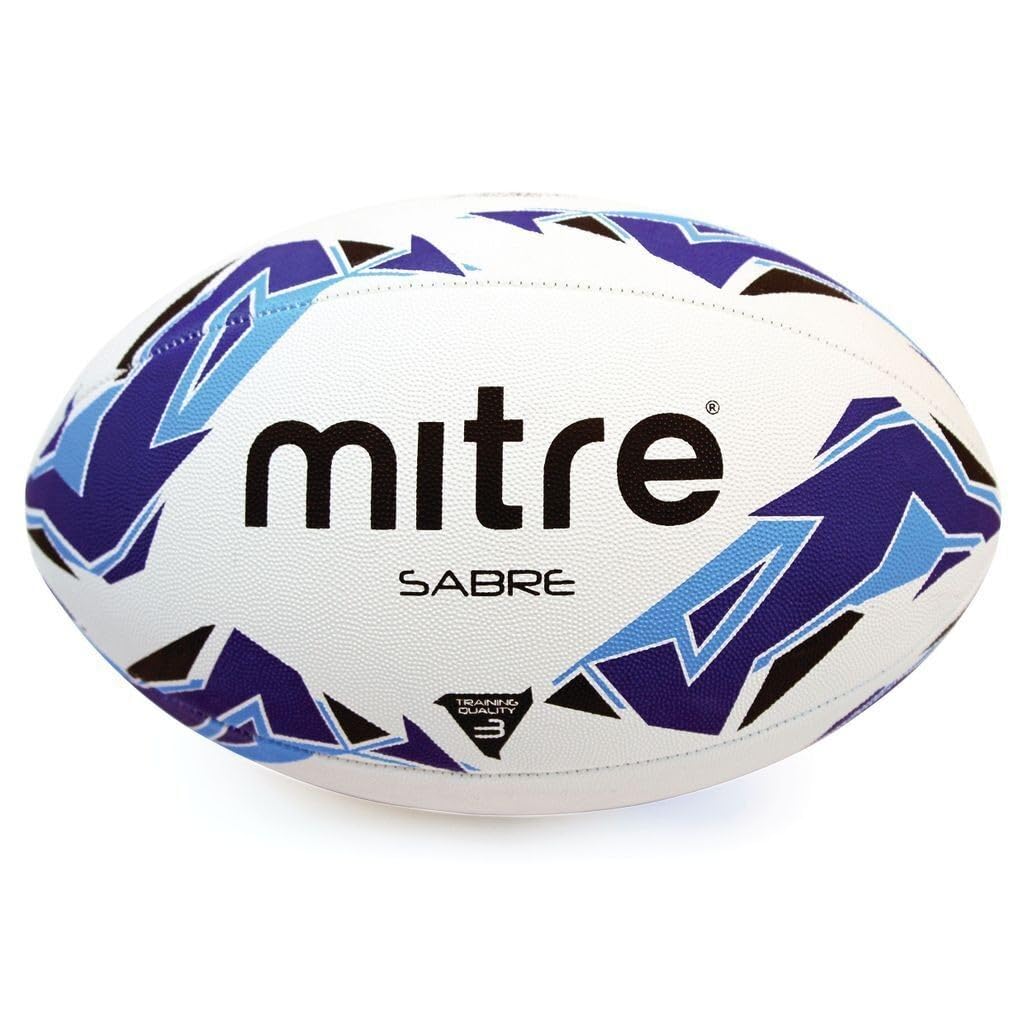 Mitre Rugby Ball | Extra Strong Lining | Full Weight | Hugely Popular, White/Blue/Cyan, 3