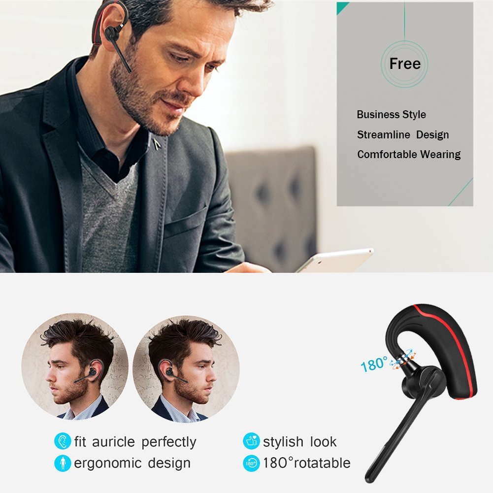 Bluetooth Headset, Earpiece with Mic Mute Switch for Trucker, Handsfree Bluetooth Headphone Wireless 4.1 Headset Earphone Compatible for iPhone Android Cellphone[+Portable Storage Case] (Black) (Red-version)