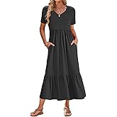 AUSELILY Summer Dresses Women 2025 Flowy Short Sleeve Maxi Dress V Neck Casual Tiered Sundress with Pockets