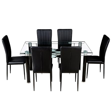 Woodness Vatican Glass 6 Seater Dining Table Set (Black)