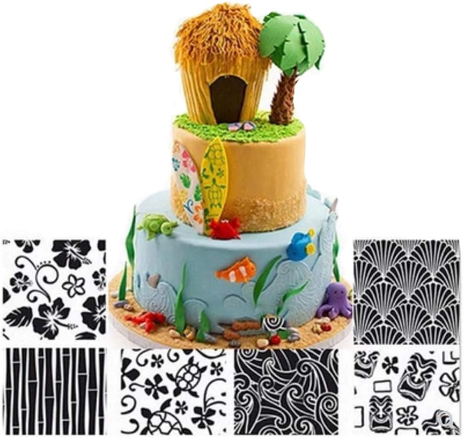 Fyuan Plastic Hawaiian Fondant Texture Sheet Set DIY Tool for Decorate Cookies,Cupcakes, or Create Accents for Cakes, Set of 6
