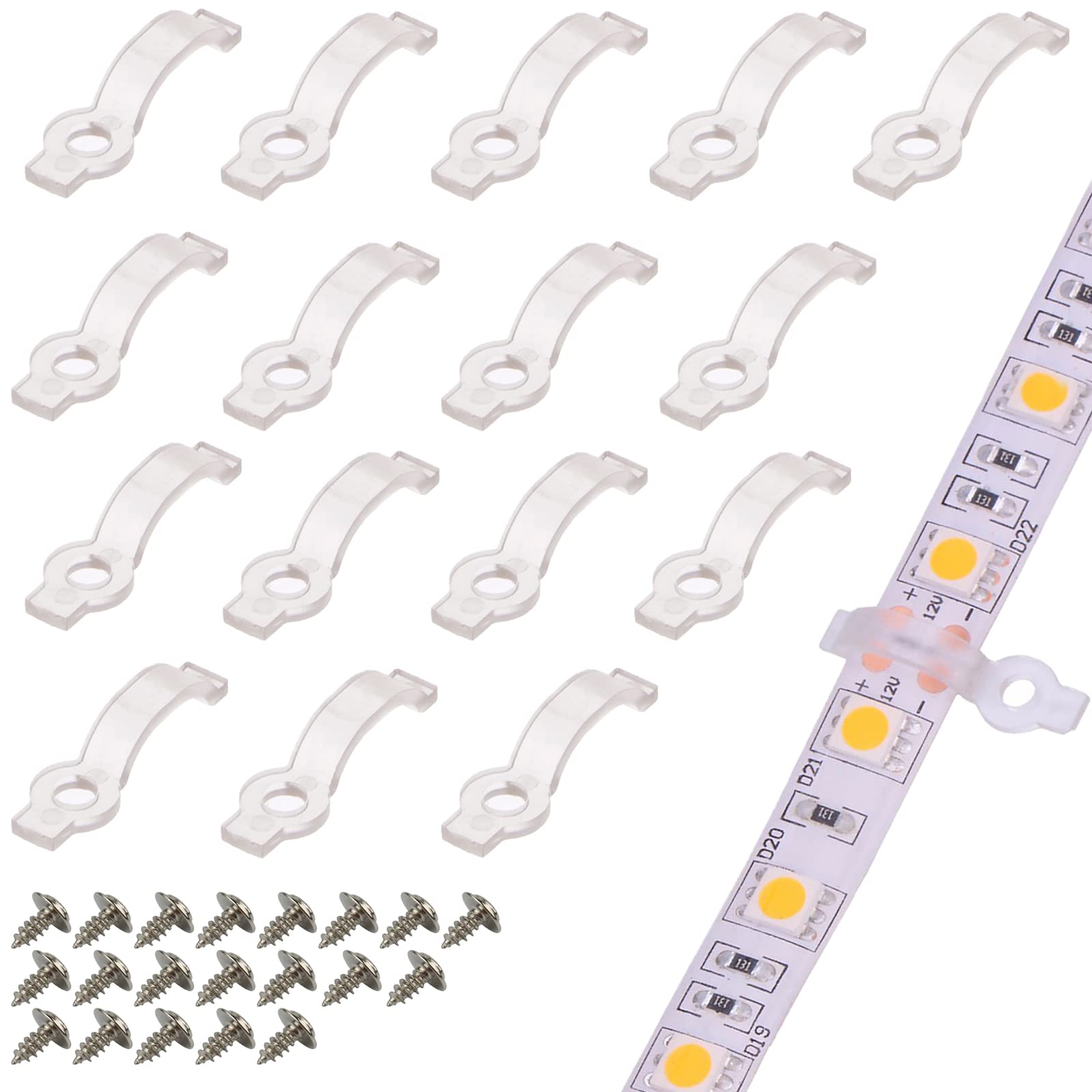 VIPMOON 100 Pack LED Strip Mounting Clips with Screws, Single-Screw Fixing Clips for 8mm Wide 3528 2835 LED Strip Lights, Easy to Install, Holds Strong