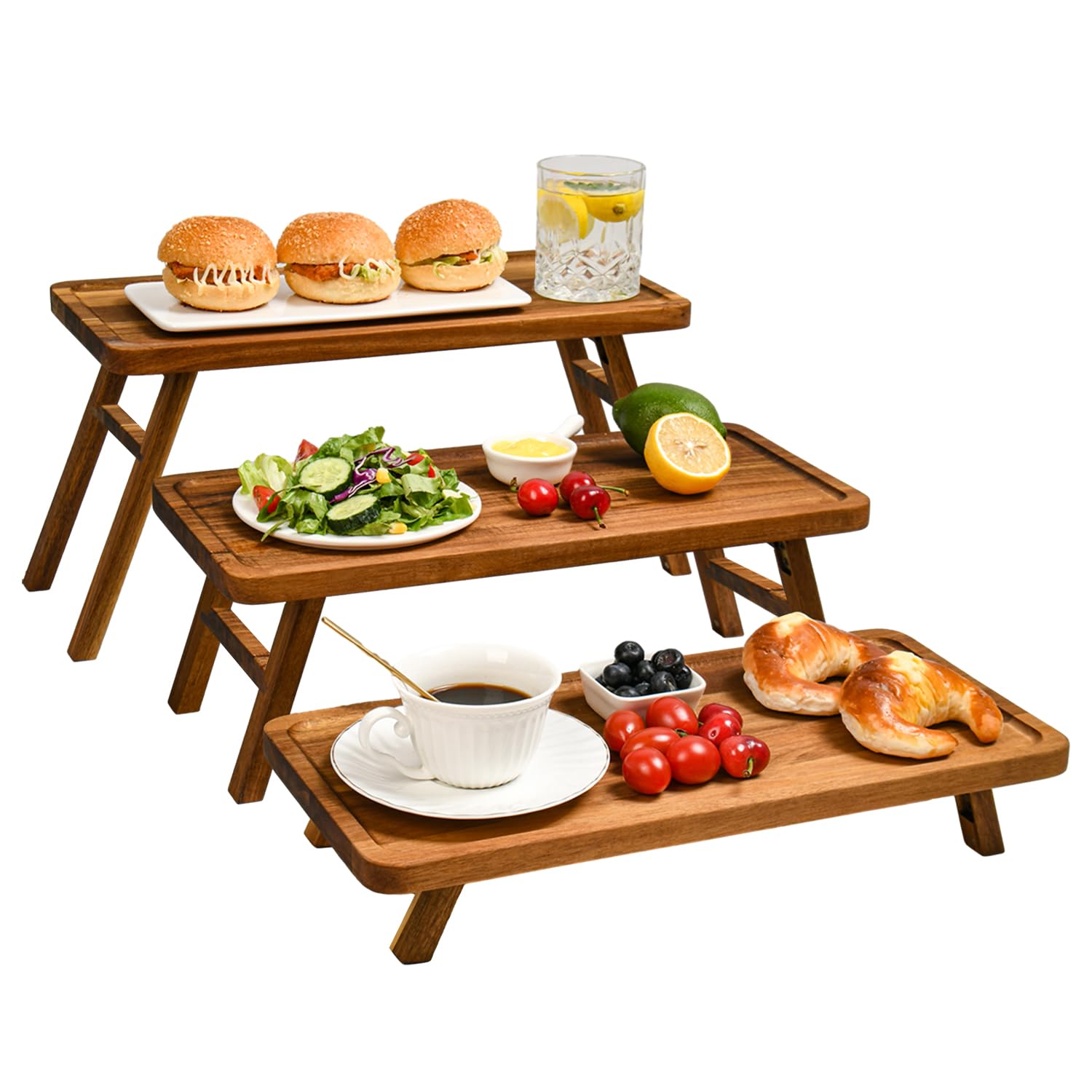 Photo 1 of GEHE 3 Tier Serving Stand, Acacia Wood Dessert Table Display Cupcake Stand, Rustic Foldable 3-Tiered Serving Trays & Platters, Large Charcuterie Board for Birthday Wedding Bridal Shower Tea Party