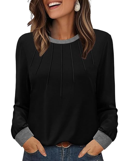 XIEERDUO Womens Tops Ladies Tops Color Block Long Sleeve Crew Neck Pleated Shirt Long Sleeve Tops Women Size 6-8 Black