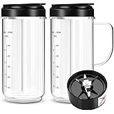 UBYNID 2 Pack Magic Bullet Blender Cups, Tall 22oz Cup with Flip Top To-Go Lid &amp; 4 Fins Cross Blade Blender Replacement Parts, Replacement Cup Mug with Handle Compatible with Magic Bullet 250w MB1001