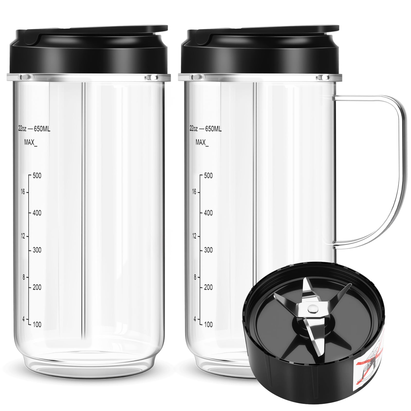 UBYNID 2 Pack Magic Bullet Blender Cups, Tall 22oz Cup with Flip Top To-Go Lid & 4 Fins Cross Blade Blender Replacement Parts, Replacement Cup Mug with Handle Compatible with Magic Bullet 250w MB1001