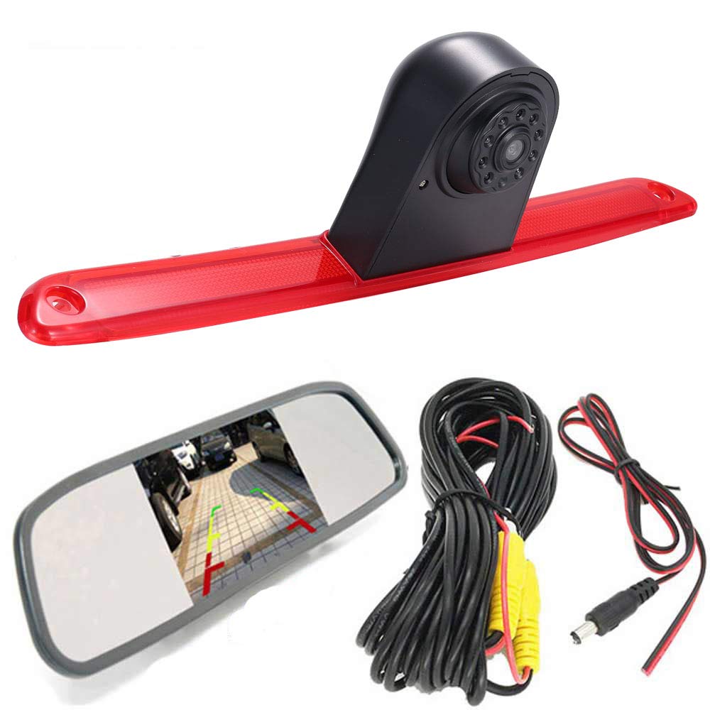 HD Reversing System Brake Light Reversing Camera Van Roof Camera Parking Aid with Angle Adjustable Night Vision Compatible with Mercedes Benz Sprinter W906/Crafter Carevelle + Rear View Mirror