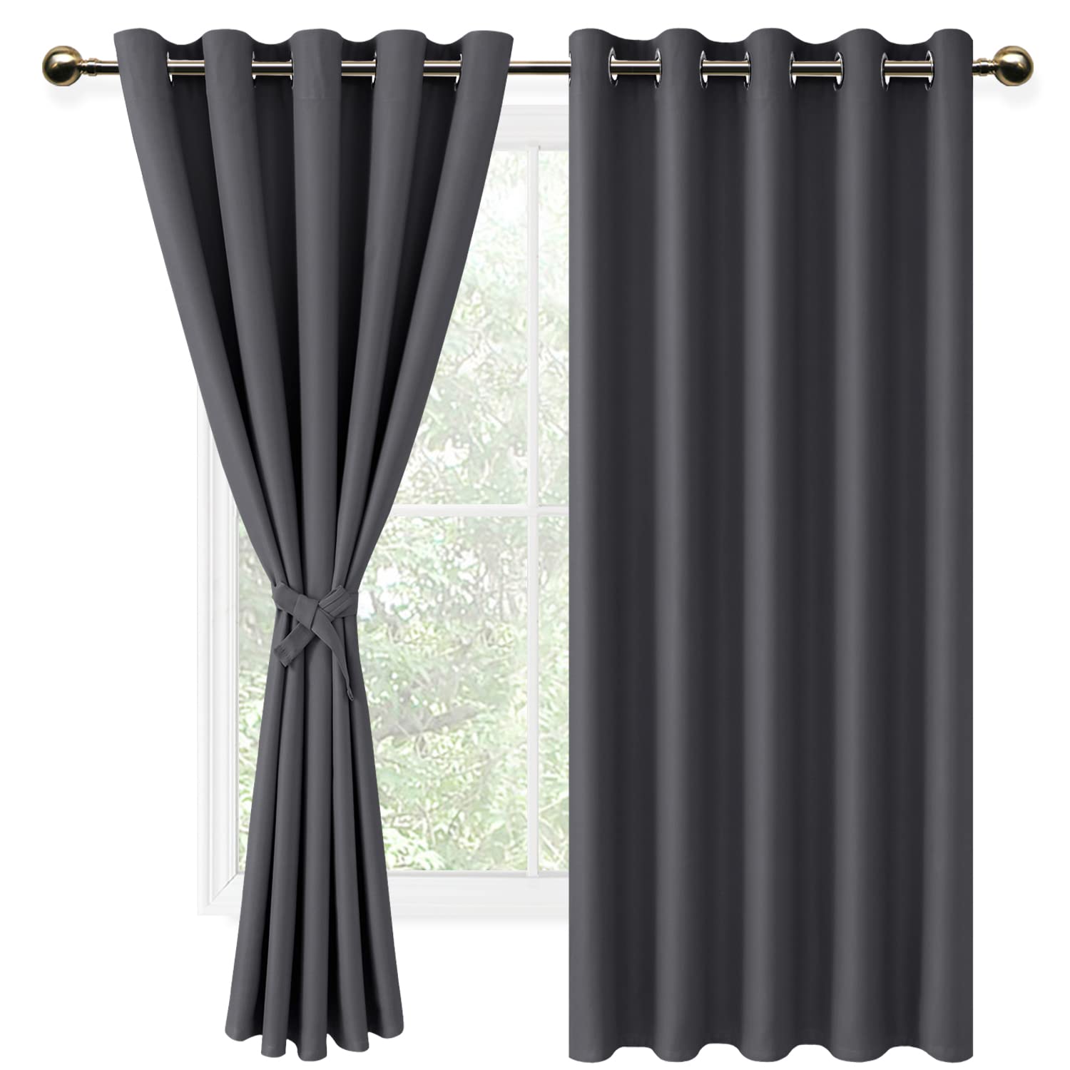 DWCN Dark Grey Blackout Curtains with Tiebacks, 66" Wide x 54" Drop for Bedroom Thermal Insulated Solid Eyelet Curtains for Living Room, 2 Panels