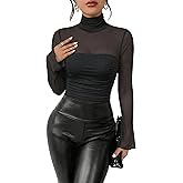 Kentysill Women's Sexy Bodysuit for Outfits: Mock Turtle Neck Long Sleeve Body Suit - Mesh Sheer Ruched Going Out Bodysuits