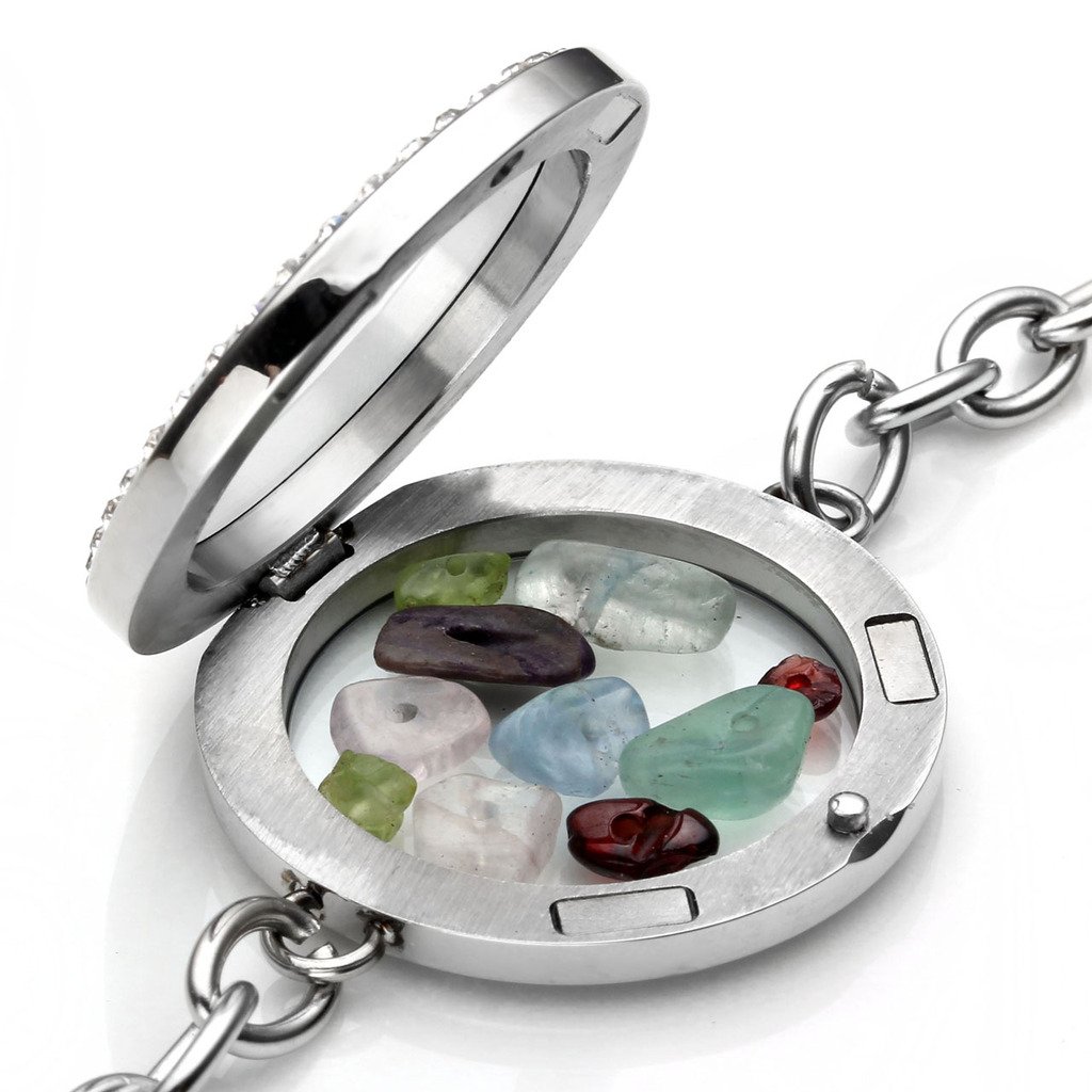 PiercingJ Womens Silver 316L Stainless Steel Crystal Gem Round Locket Pendant Floating Charm Wristband Link Bracelet 8\