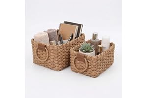 Small Wicker Baskets Set of 2, Recycled Paper Rope Storage Bins for Organizing Shelves, Drawers, Bathroom & Cupboards, Decora