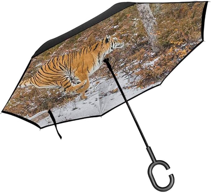 RenteriaDecor Safari Car Reverse Umbrella Bengal Tiger in Snowy Jungle Hunting and