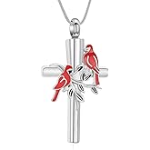 Minicremation Cremation Jewelry for Ashes Red Bird Cross Urn Necklace Stainless Steel Cardinal Keepsake Memorial Ashes Necklaces for Men Women